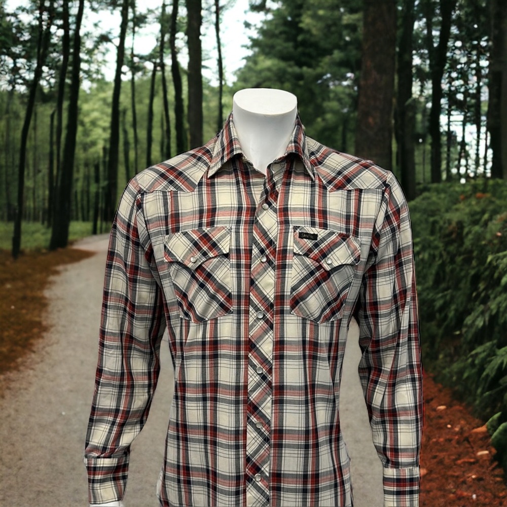 Vintage Montgomery Ward Western Pearl Snap Beige Red Black Long Sleeve Shirt MD